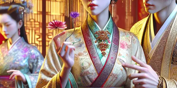 A romantic 3D scene featuring elegantly dressed characters in intimate interactions, set against a backdrop of ancient Chinese architecture.