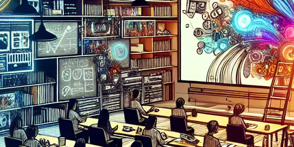 A vibrant film classroom with diverse students discussing production techniques, surrounded by film equipment and creative visuals.