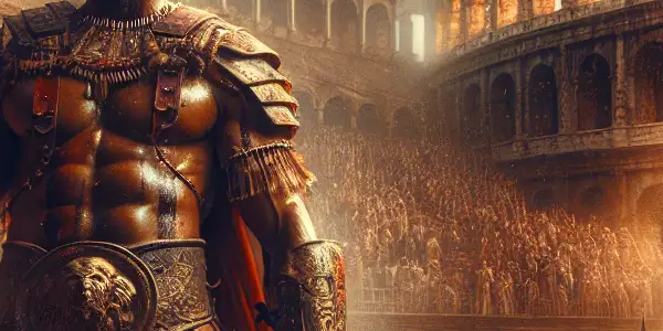 A powerful gladiator and fierce female warrior stand defiantly in a Roman coliseum, surrounded by a cheering crowd.