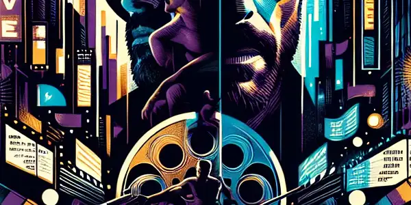 A rugged man in an urban nightlife setting, conveying emotional conflict amid neon lights and silhouettes.