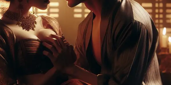 A passionate moment between two characters in a dimly lit room, showcasing Thai decor and strong emotional expressions.