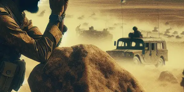 A soldier in modern combat gear surveys a tense battlefield in a rugged, arid landscape.