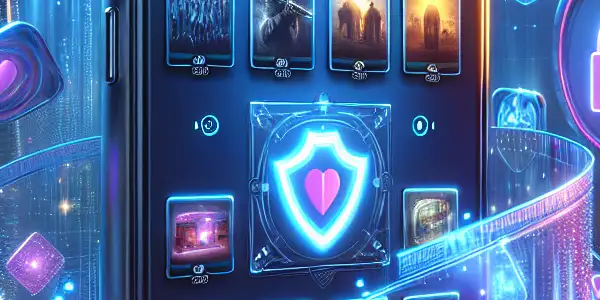 A modern smartphone displaying a secure adult content app in a vibrant cyberpunk cityscape.