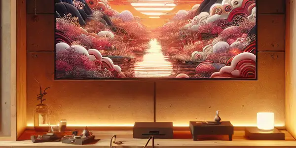 A cozy, dimly lit room featuring a TV displaying artistic anime, surrounded by cushions and Japanese-inspired decor.