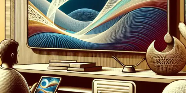 A serene indoor space featuring a diverse person engaged with abstract visuals, emphasizing safe exploration of passion and wellness.