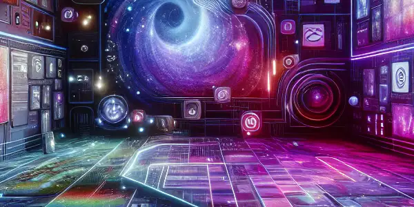 A vibrant, abstract depiction of a modern virtual cinema platform for adult film entertainment.