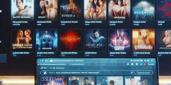 A person navigates a sleek online adult movie platform in a cozy, dimly lit living room.