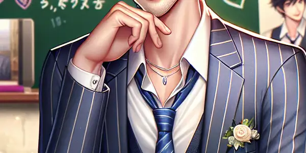 A charismatic teacher in a contemporary classroom, surrounded by playful educational elements and digital media motifs.