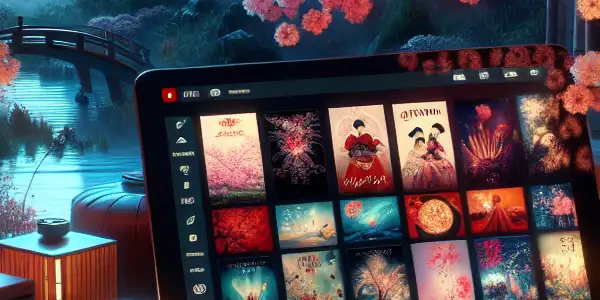 A futuristic tablet displaying vibrant film posters, blending traditional Japanese aesthetics with modern design in a serene garden setting.