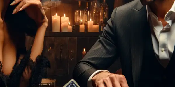 A seductive game of Dou Di Zhu between a stylishly dressed couple in a dimly lit, luxurious room.