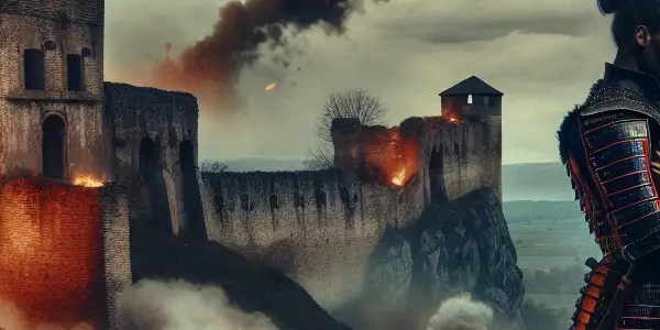 A passionate embrace between two figures on a dramatic battlefield with a crumbling castle under siege.