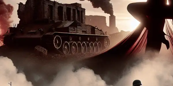 A chaotic World War II battlefield with soldiers in military and provocative attire amidst ruins and smoke.