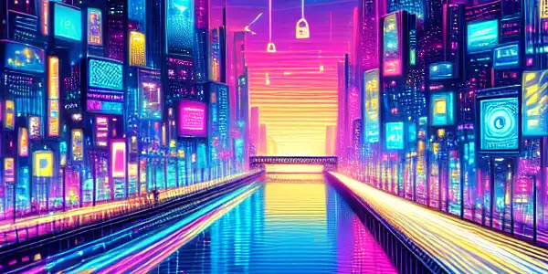 A futuristic city skyline at night, bustling with diverse people exploring digital adult content on various devices.