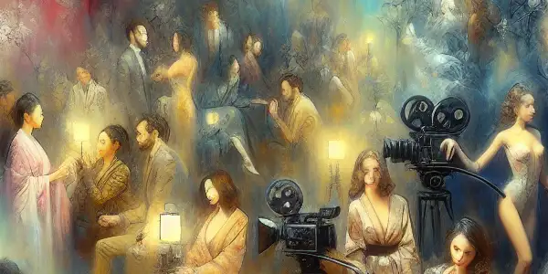 An intimate film set blending traditional Japanese and Korean aesthetics with modern characters and a seductive atmosphere.