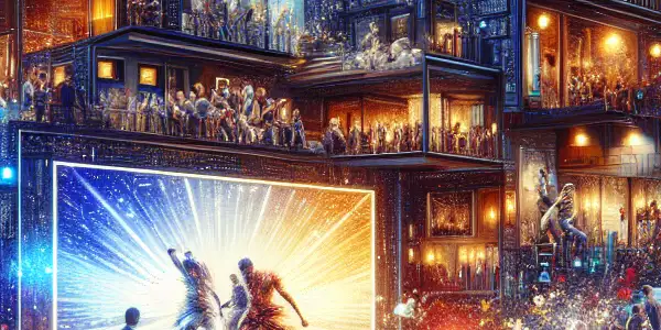 A modern living room with a large screen displaying dynamic adult video clips, surrounded by colorful lighting and diverse themes.