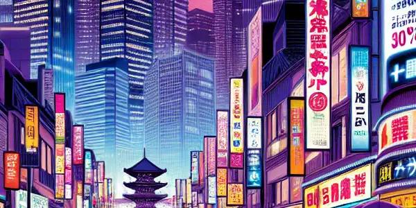 A vibrant neon-lit cityscape featuring modern skyscrapers and traditional Japanese architecture, bustling with diverse people enjoying adult film deals.