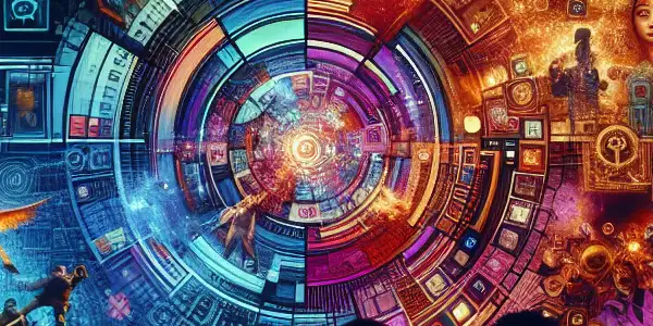 A futuristic digital collage depicting diverse people enjoying online adult content in a vibrant, high-tech environment.