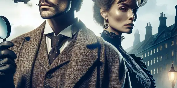 A Victorian-era detective scene featuring Sherlock Holmes and a mysterious woman amidst foggy London streets.