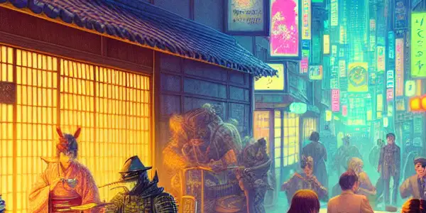 A vibrant scene in a Japanese setting featuring stylish characters engaged in playful role-playing adventures.