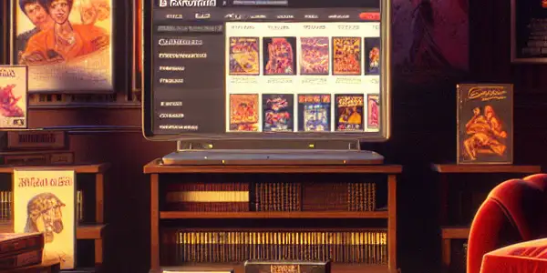 A vintage-themed room showcasing retro adult film memorabilia and promotional discounts, evoking nostalgia and sophistication.