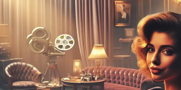 A nostalgic 1980s adult film set featuring a glamorous star, vintage props, and warm, inviting lighting.