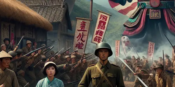 A dramatic confrontation between resilient villagers and exaggerated Japanese invaders in a surreal 1940s rural Chinese setting.