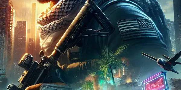 A muscular hero in military gear stands ready for action in a tense urban environment at twilight.