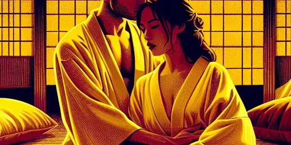 A couple in a passionate embrace amidst a dimly lit Japanese film studio, symbolizing forbidden love and emotional conflict.