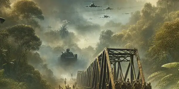 A tense World War II scene on a rickety bridge, featuring soldiers amidst lush jungle and stormy skies.
