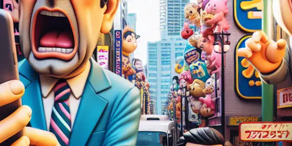 A humorous urban scene featuring a middle-aged man in a funny smartphone mishap surrounded by colorful, exaggerated characters.